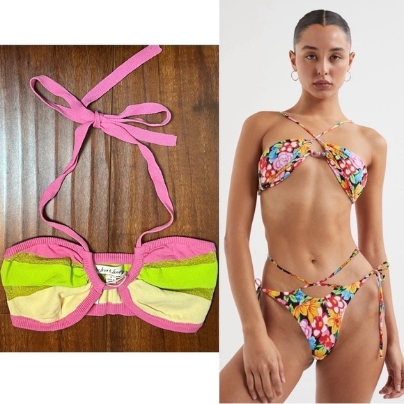 NWT FOR LOVE & LEMONS Glitter Stripe Knit Crisscross Halter Bralette Crop Top S - Picture 1 of 7
